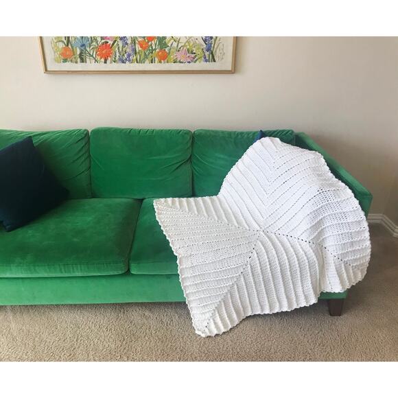 vintage 70s Cream 3d CROCHET hand knit FRINGE AFGHAN handmade square striped - Picture 5 of 7